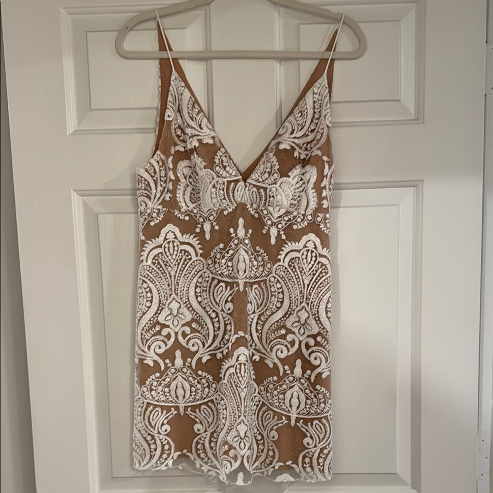 Free People White and Tan Spaghetti Strap Mini Dress